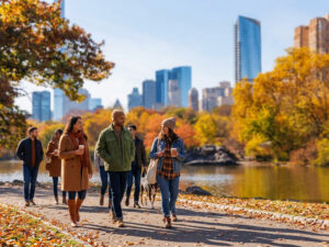 Group of friends walking along a tree-lined path by a lake in autumn, with a distant city skyline.